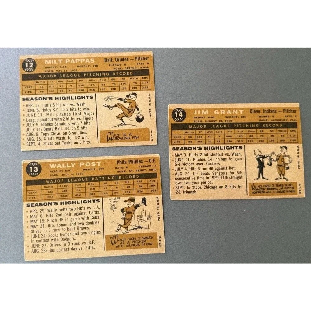1960 Topps Vintage Lot Of 3 Sequential 12 13 14 Pappas Post Mudcat Grant